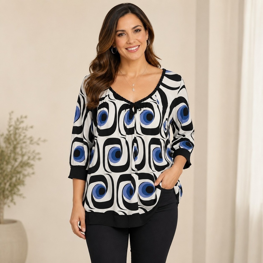 Women's 2X Blue Black Geometric Print Tunic Top 3/4 Sleeve Boho Blouse Keyhole